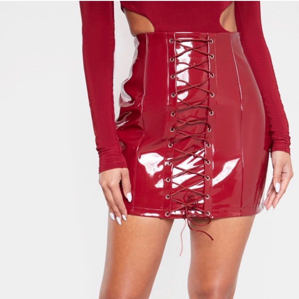 Burgundy Vinyl  Lace up Skirt